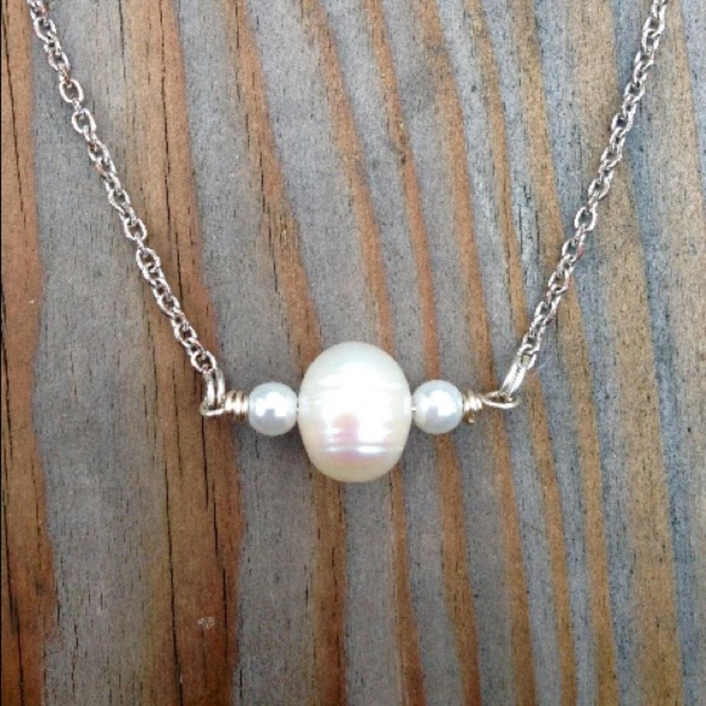 Wire Wrapped Freshwater Pearl Bar Necklace